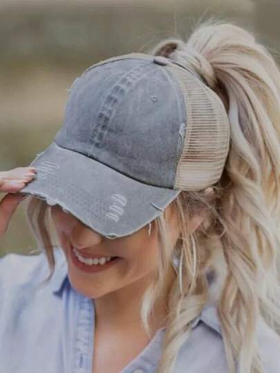 Czapka baseballowa z denimu w stylu vintage z dziurą na kucyk (położenie dziurki może się nieznacznie różnić)