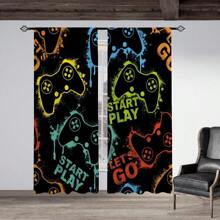 2 pièces Rideaux semi-transparents imprimés de contrôleur de jeu sur fond noir, panneau de polyester avec œillets pour décoration de salle de séjour, salle de jeu, chambre à coucher, fournitures pour fête de cuisine