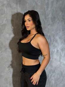 Fitness Strappy Top With Crossover On The Back, Zero Transparency Cropped Top - Black - View 2