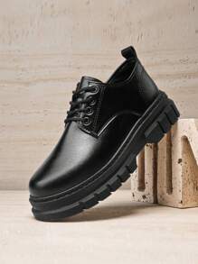 4 Seasons Men's Black Formal Business Casual Leather Shoes, Versatile Fashion Dress Shoes, Loafers With Laces, Suitable For Wedding Groom