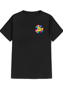 Unisex 100% Cotton T-Shirt With Colorful Sun Logo Men's T-Shirt - 黑色 - 查看 1