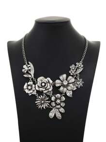 时尚复古花卉水钻项链，百搭毛衣链短款锁骨项链，适合女士