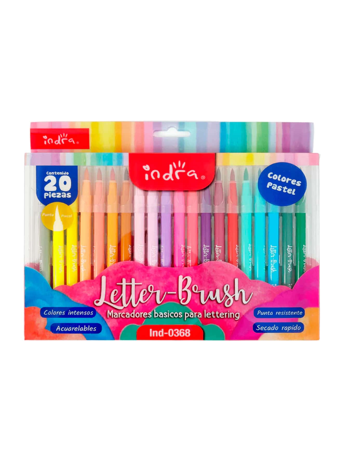 Set de Marcadores Punta Pincel Indra Letter-Brush Colores Intensos Acuarelables y de secado rápido Ideales para Lettering 20 Pzs - Multicolor - Ver 1