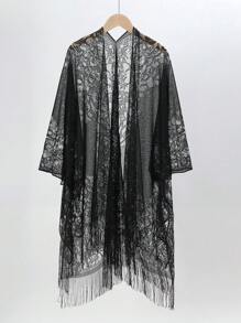 1件纯色镂空蕾丝流苏披肩，多功能沙滩巾 - 彩色 - 查看 25