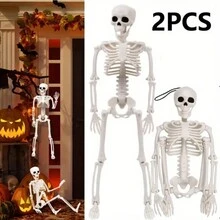 2 bộ xương trang trí toàn thân có thể tạo dáng, bộ xương chân thực để trang trí Halloween trong nhà/ngoài trời, tuyệt vời cho nhà và vườn - trắng - Xem 2