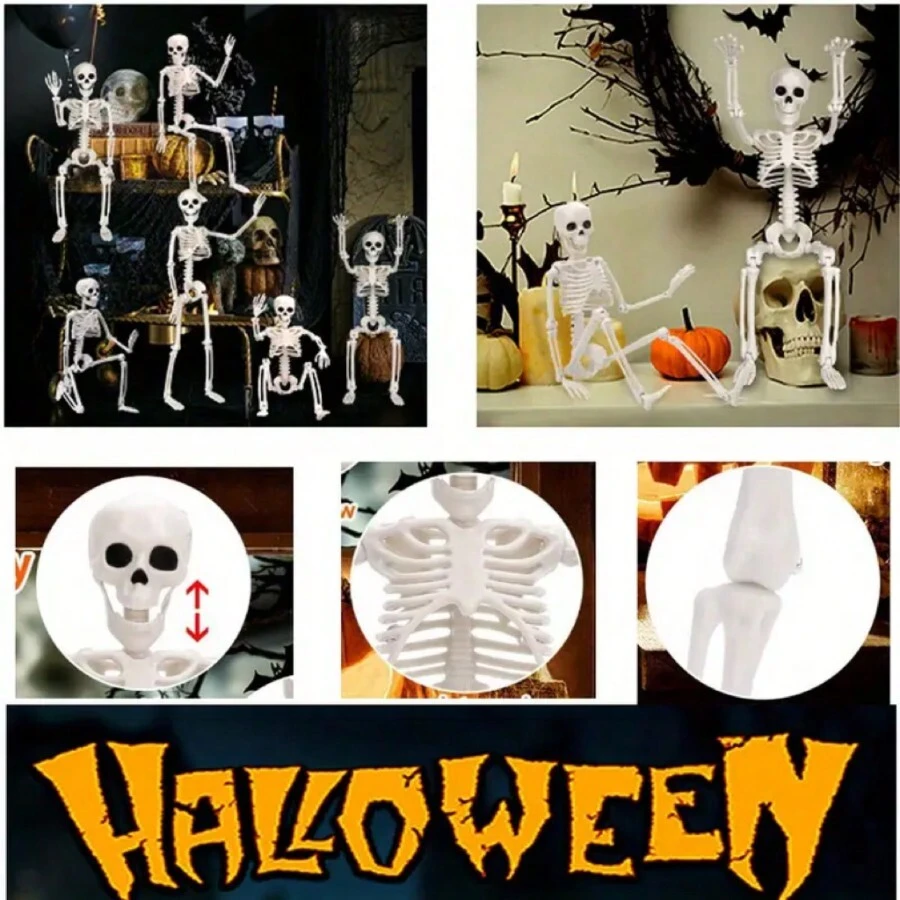 2 bộ xương trang trí toàn thân có thể tạo dáng, bộ xương chân thực để trang trí Halloween trong nhà/ngoài trời, tuyệt vời cho nhà và vườn - trắng - Xem 1