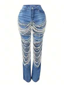 Straight Leg Jeans For Women Mid-Rise Distressed Ripped Hole Pearl Chain Boyfriend Denim Pants - Light Wash - View 7