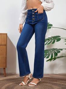 Women Fashion Multi-Button Elastic Waist Jeans, Four Seasons - Medium Wash - View 1
