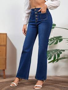 Women Fashion Multi-Button Elastic Waist Jeans, Four Seasons - Medium Wash - View 3