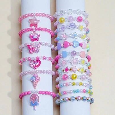 Bộ 18 chiếc/Bộ trang sức hình bướm, hoa, trái tim dễ thương cho bé gái, vòng tay đính hạt nhiều màu sắc cho trẻ em, thích hợp làm quà tặng sinh nhật, tiệc tùng ngày lễ, màu sắc ngẫu nhiên