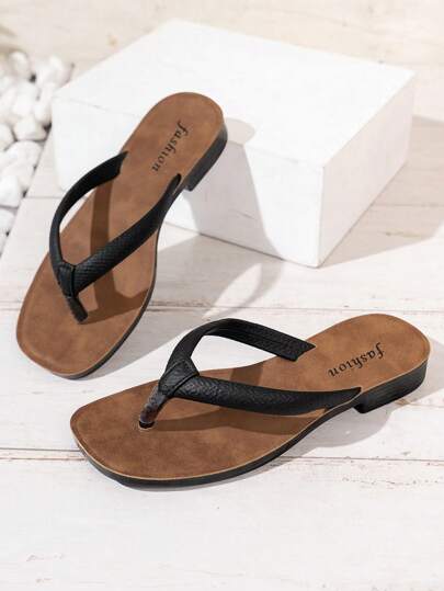 女士时尚新款沙滩露趾圆头人字拖，舒适防滑平底凉鞋