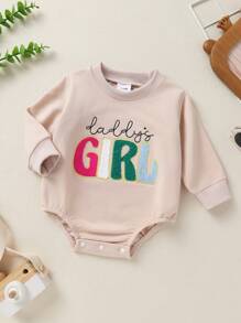 女婴柔软舒适渐变色甜美可爱刺绣字母标语休闲连体衣，夏季 - 杏色 - 查看 1