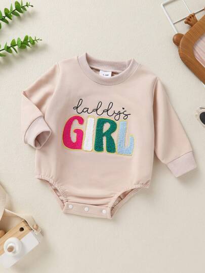 女婴柔软舒适渐变色甜美可爱刺绣字母标语休闲连体衣，夏季