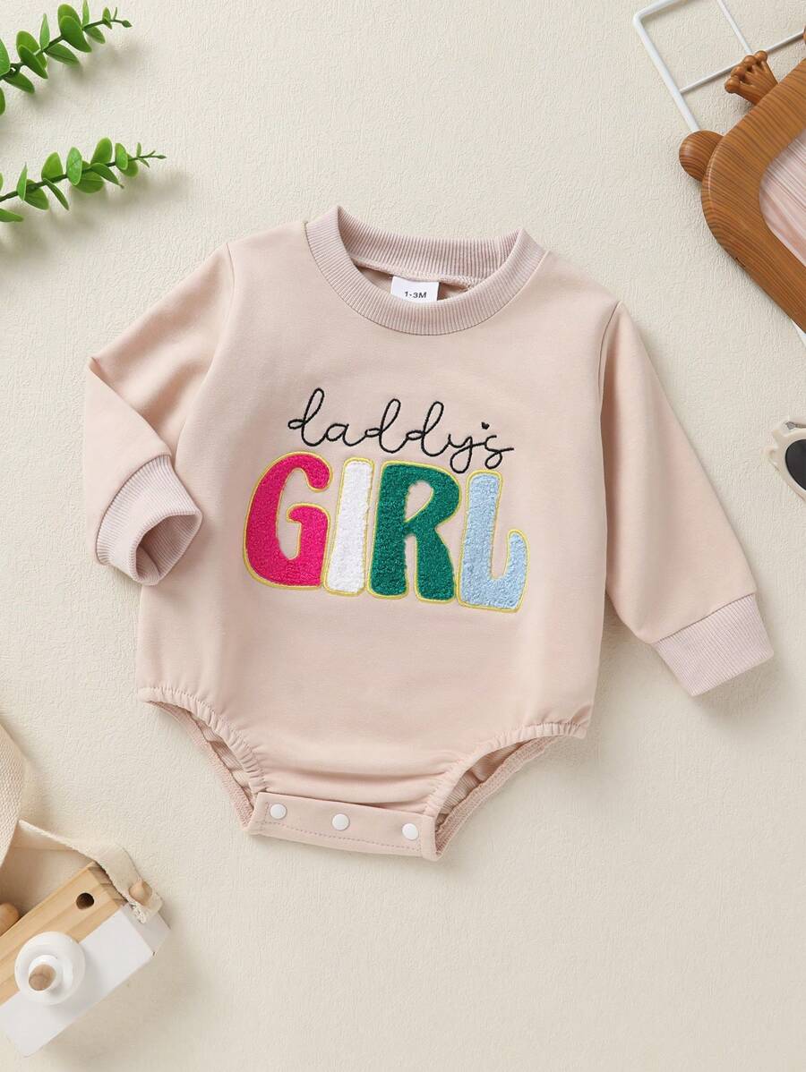 女婴柔软舒适渐变色甜美可爱刺绣字母标语休闲连体衣，夏季 - 杏色 - 查看 1