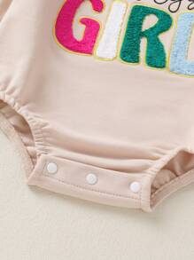 女婴柔软舒适渐变色甜美可爱刺绣字母标语休闲连体衣，夏季 - 杏色 - 查看 4