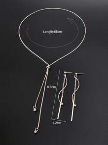 Conjunto De Joias Minimalista De Festa Com 3 Peças: Colar De Pingente Longo Estilo Corrente Longa Prateada, Brincos De Pingente De Bastão
