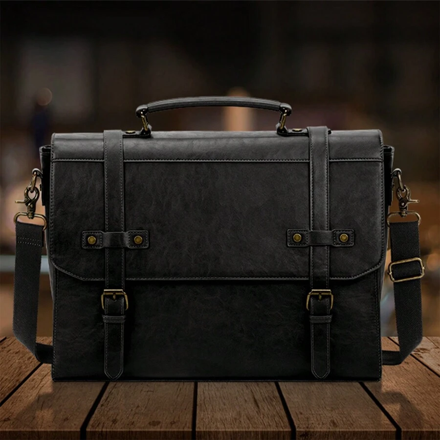 Túi đeo chéo nam 17 inch chống thấm nước bằng da cổ điển đựng máy tính xách tay cỡ lớn Túi đeo vai đựng máy tính cho văn phòng, kinh doanh, du lịch, trường đại học, Halloween, Giáng sinh, mùa thu, túi đựng máy tính đại học - màu đen - Xem 1