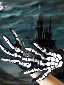 1pair Halloween Scary White Skull Gloves, Halloween Costume Props, Stage Makeup Costumes