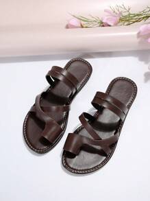 New Fashion Oversized Round Toe Open Toe Comfortable Simple Flat Leather Slides Sandals Casual Beach Slippers Summer Shoes For Women