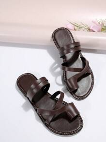 New Fashion Oversized Round Toe Open Toe Comfortable Simple Flat Leather Slides Sandals Casual Beach Slippers Summer Shoes For Women