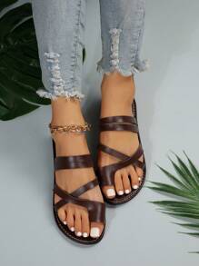 New Fashion Oversized Round Toe Open Toe Comfortable Simple Flat Leather Slides Sandals Casual Beach Slippers Summer Shoes For Women