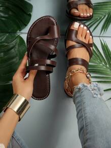 New Fashion Oversized Round Toe Open Toe Comfortable Simple Flat Leather Slides Sandals Casual Beach Slippers Summer Shoes For Women