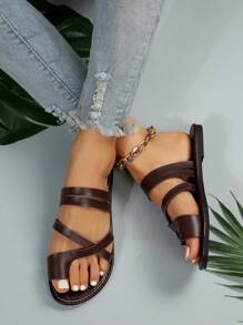 New Fashion Oversized Round Toe Open Toe Comfortable Simple Flat Leather Slides Sandals Casual Beach Slippers Summer Shoes For Women