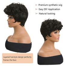 Short Pixie Wigs  Short Black Curly Pixie Wigs Synthetic Hair Wigs  Natural Wavy Black Pixie Cut Wig Short Curly Layered Pixie Wig (Natural Black) - 黑色 - 查看 5