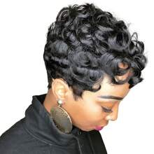 Short Pixie Wigs  Short Black Curly Pixie Wigs Synthetic Hair Wigs  Natural Wavy Black Pixie Cut Wig Short Curly Layered Pixie Wig (Natural Black) - 黑色 - 查看 1