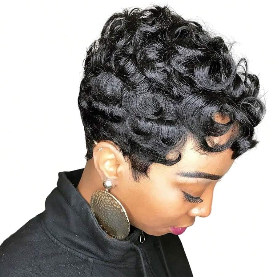 Short Pixie Wigs  Short Black Curly Pixie Wigs Synthetic Hair Wigs  Natural Wavy Black Pixie Cut Wig Short Curly Layered Pixie Wig (Natural Black) - 黑色 - 查看 1