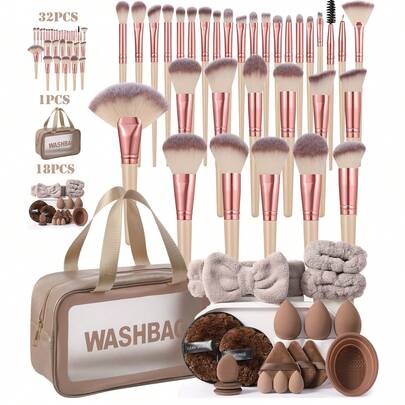 51pcs/44pcs/39pcs/18pcs/1pc Makeup Brush Set Including 32pcs Makeup Brushes (Foundation Brush, Contour Brush, Concealer Brush, Eye Shadow Brush, Mascara Wand, Eyebrow Brush), 3pcs Makeup Sponges, 3pcs Triangle Makeup Sponges For Liquid Makeup, 3pcs Soft Triangle Powder Puff For Loose Powder, 3pcs Finger Makeup Puff For Concealer, 3pcs Mini Makeup Sponges