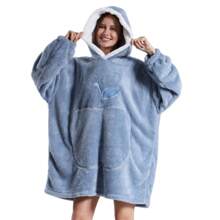 Unisex Blanket Sweatshirt Hoodie, Winter Warm Soft Oversized Sherpa Hoodie Wearable Blanket Dressing Gown Nightdress - Blue - View 6