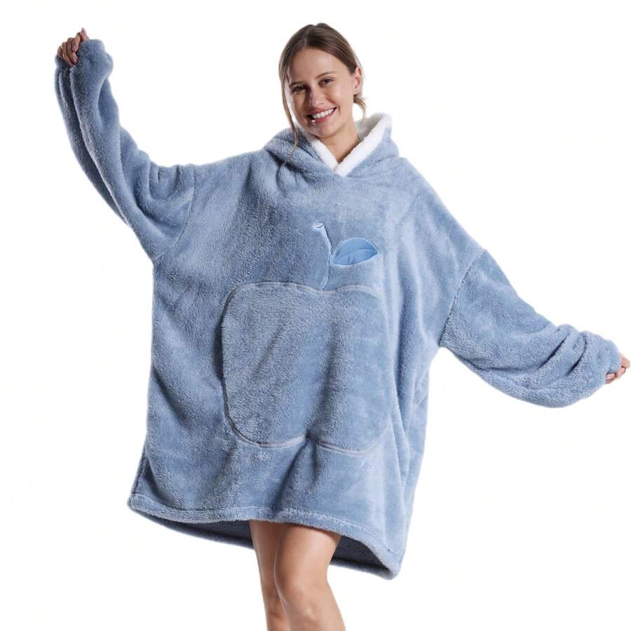Unisex Blanket Sweatshirt Hoodie, Winter Warm Soft Oversized Sherpa Hoodie Wearable Blanket Dressing Gown Nightdress - Blue - View 1