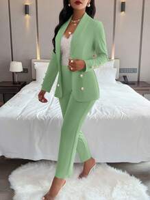 AIJ Amarilo Women's Solid Color Minimalist Daily Long Sleeve Pants Suit, 2 Pieces Set - Bean Green - View 3