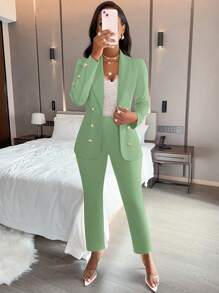 AIJ Amarilo Women's Solid Color Minimalist Daily Long Sleeve Pants Suit, 2 Pieces Set - Bean Green - View 6