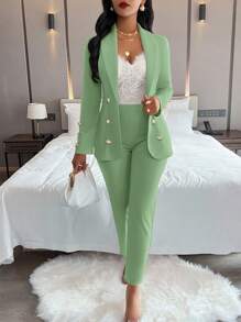 AIJ Amarilo Women's Solid Color Minimalist Daily Long Sleeve Pants Suit, 2 Pieces Set - Bean Green - View 1