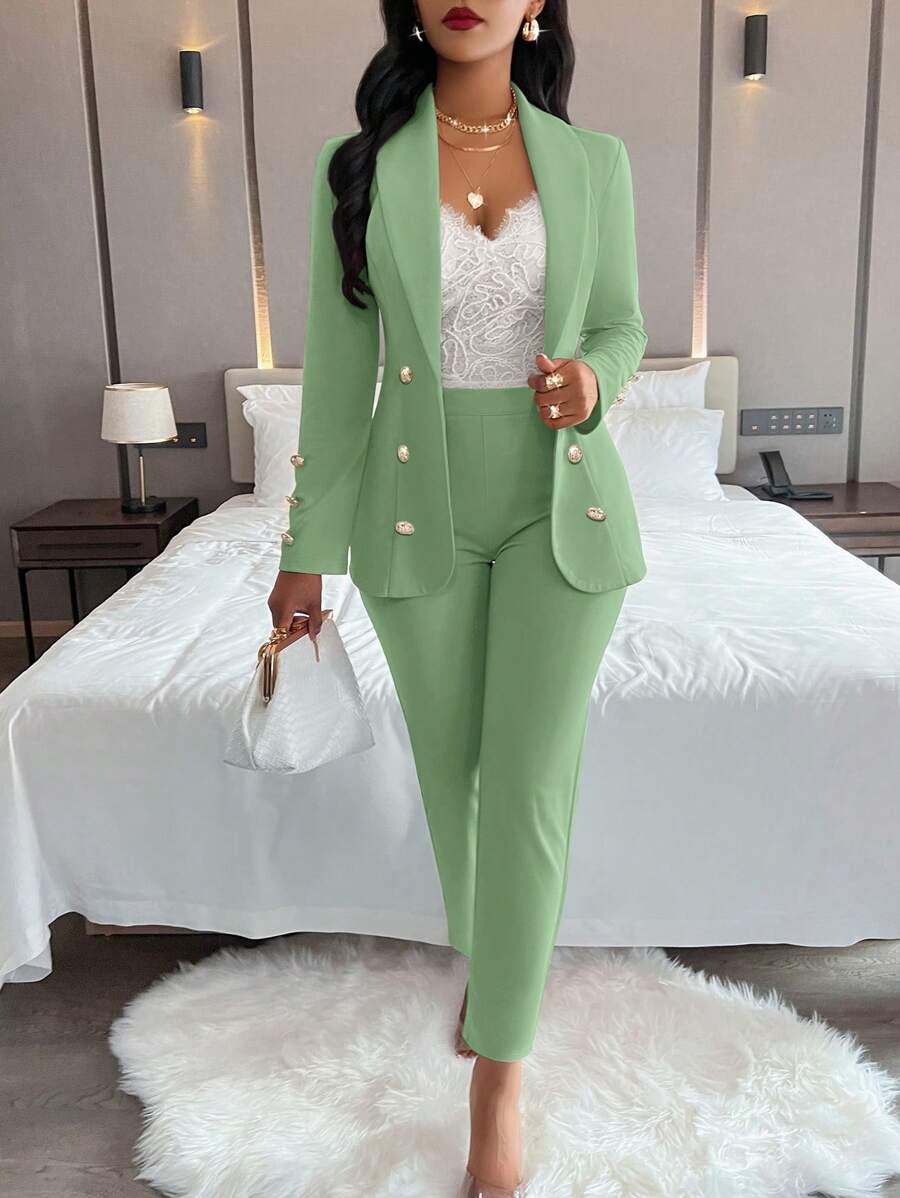 AIJ Amarilo Women's Solid Color Minimalist Daily Long Sleeve Pants Suit, 2 Pieces Set - Bean Green - View 1