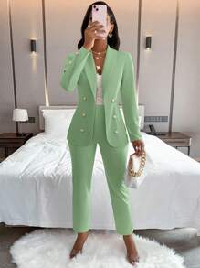 AIJ Amarilo Women's Solid Color Minimalist Daily Long Sleeve Pants Suit, 2 Pieces Set - Bean Green - View 5