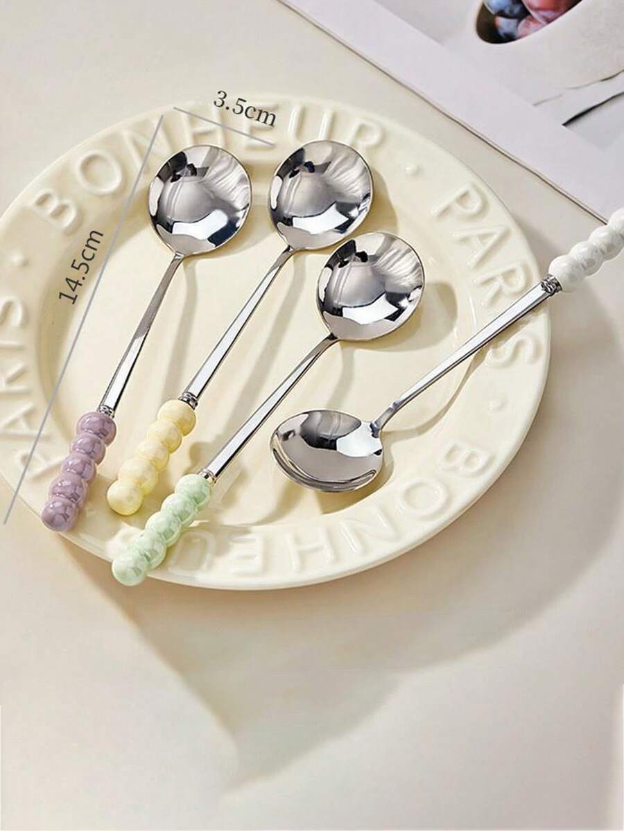 1 pieza Cuchara de acero inoxidable con mango de perla, cuchara de postre de lujo, cuchara para revolver café, para uso doméstico - Multicolor - Ver 1