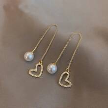 1pair Fashionable And Simple Heart Shaped Pearl Ear Thread Earrings Valentines,Mom,Mother,Mother's Day,Gift