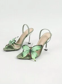 Women's Fashion High-End, Elegant High Heel Pointed Toe Sandals, Summer Style, Comfortable 3D Butterfly Decor Material, Elastic Band Suitable For Outdoor, Party, Runway, Minimalist Unique Charm