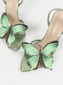 Women's Fashion High-End, Elegant High Heel Pointed Toe Sandals, Summer Style, Comfortable 3D Butterfly Decor Material, Elastic Band Suitable For Outdoor, Party, Runway, Minimalist Unique Charm