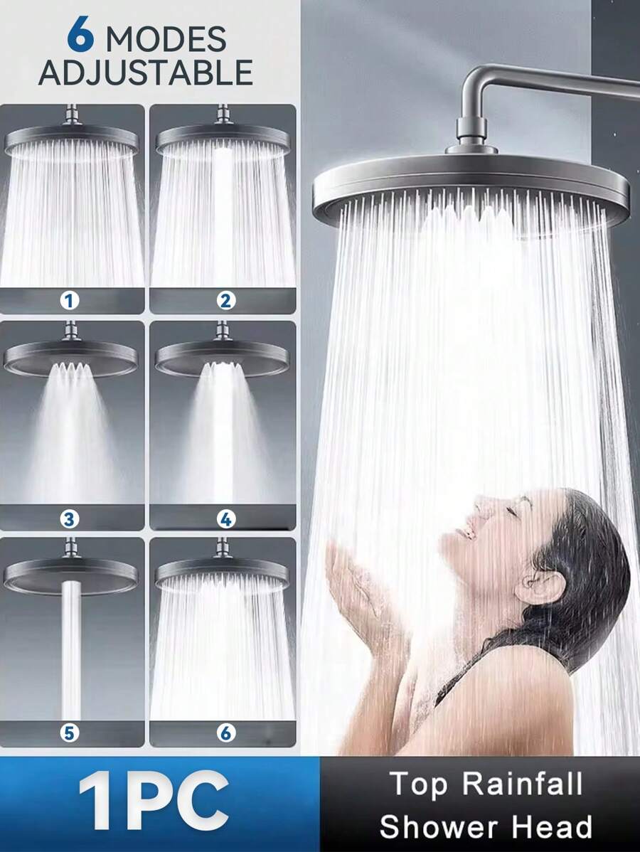 1PC High Pressure Rain Shower Head, 6 Modes, 360° Rotation, Top Spray Shower Accessories - Grey - View 1