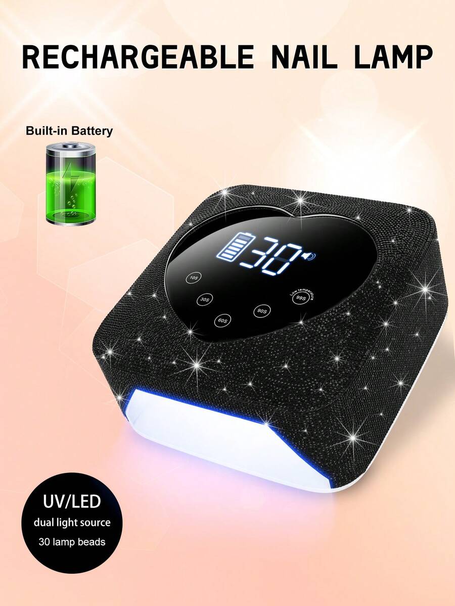 1 件装便携式大功率 UV LED 圣诞美甲灯，可充电无绳凝胶指甲烘干机，带 5 个定时器设置、LCD 显示屏和自动传感器，适合沙龙和家庭使用 - 黑色 - 查看 1