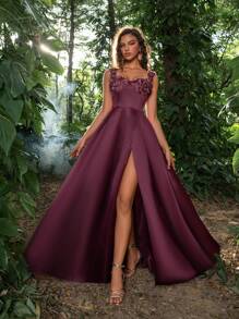 Faeriesty Applique Detail Sweetheart Neck Satin Formal Dress, Elegant Prom Evening Gown, For Wedding Guest, Graduation, Dinner