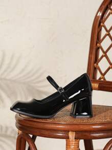 Women's High Heel Pumps, Low Vamp Shoes, Fashion Versatile Mary Jane Shoes, French Style Leather Shoes, Square Toe Chunky Heel Retro French Style Pumps - Black - View 5