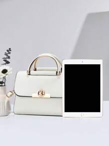 Metal Decor Square Top Handle Bag Contrast Color Flap Shoulder Bag For Women3 - White - View 3