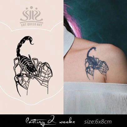 1 pieza Tatuaje temporal de escorpión oscuro, tatuaje semi-permanente de jugo de hierbas para uso diario, fiesta, festival, regalo, decoración corporal en el brazo, pierna, muñeca, hombro, cuello, clavícula, impermeable, no reflectante