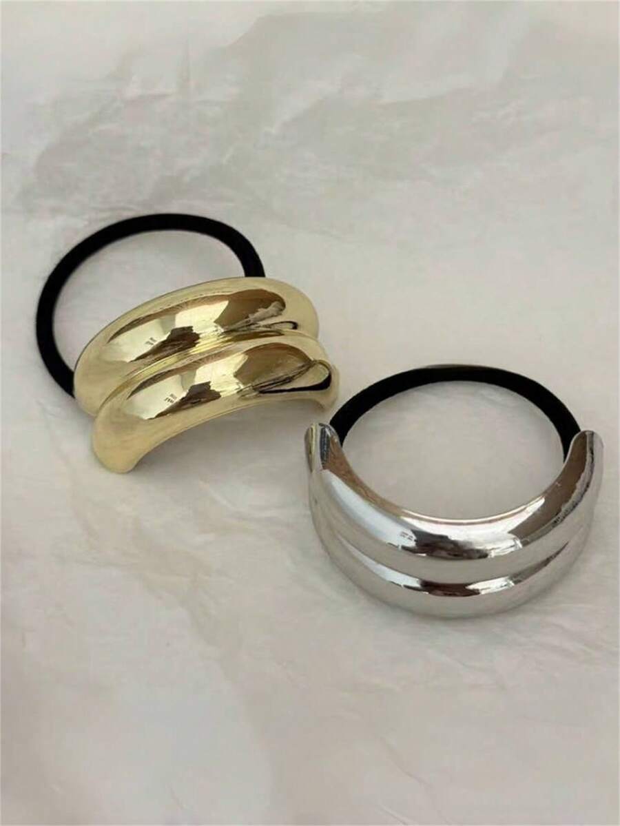 1pc/2pcs Elegant Minimalist Solid Color Metal Double Arc Hair Scrunchies, Graceful Bun Ponytail Holder Hair Accessories, Chic Hair Ties For Women ,Hair Rope ,Hair Elastics ,Hair Rubber Bands - Multicolor - View 1