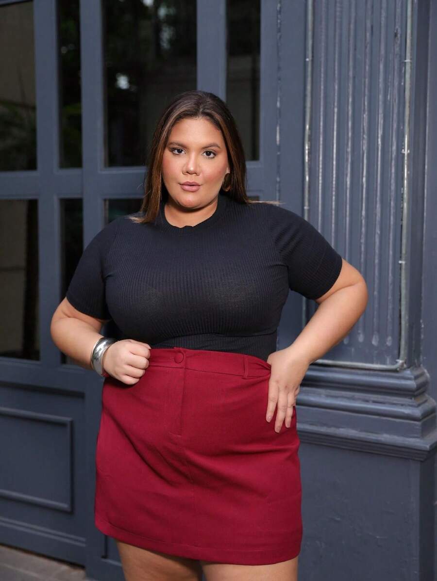 Women's Plus Size Blouse High Neck Premium Ribbed Stylish T-Shirt Elegant Knit - màu đen - Xem 1